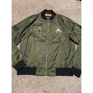 Brooklyn Standard Mens Olive Green Bomber Flight Jacket Patches Orange Lining S